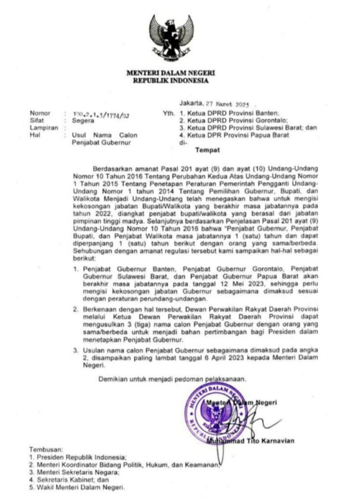 Surat usulan nama Penjabat gubernur