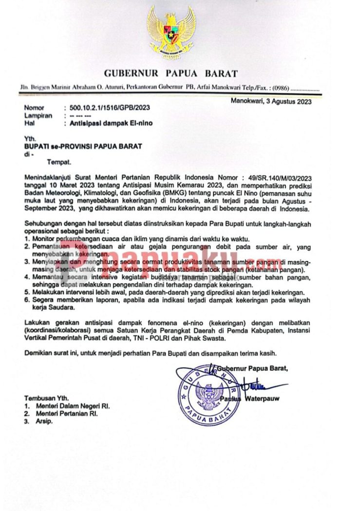 Surat edaran Gubernur Papua Barat terkait antisipasi dampak El Nino. Foto : istimewa