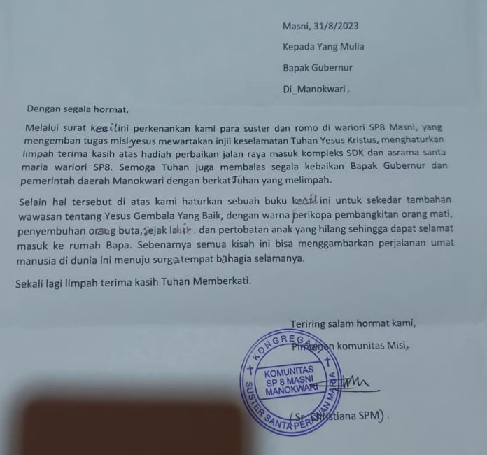 Sepucuk Surat yang ditujukan kepada Penjabat Gubernur Papua Barat, Komjen Pol (Purn) Drs. Paulus Waterpauw, M.Si. Foto : istimewa.