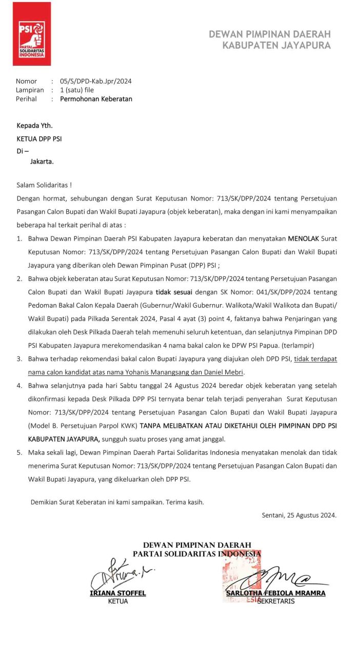 Surat Keberatan dari DPD PSI Jayapura atas dikeluarkannya rekomendasi B1.KWK dari DPP PSI.